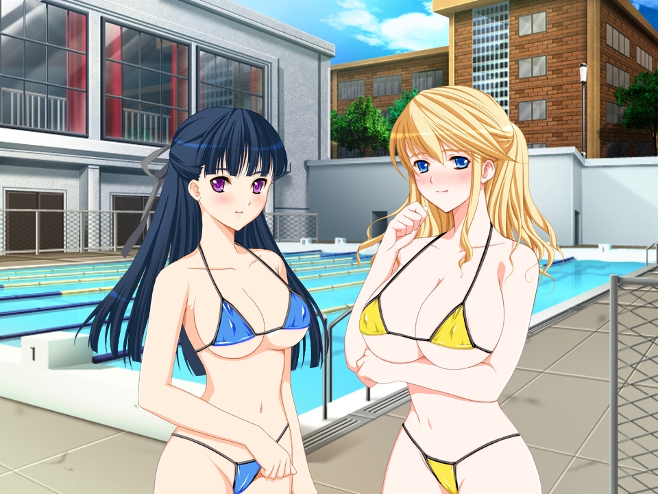 akiyama_cindy bikini blonde_hair blue_eyes blue_hair blush breasts chikan_sen'you_sharyou day game_cg huge_breasts koizumi_amane large_breasts light_smile long_hair micro_bikini multiple_girls navel non-web_source pool prima_stella purple_eyes swimsuit takatou_mizuki third-party_edit underboob vanishing_point