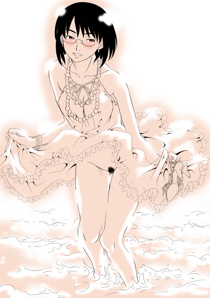 black_hair blush dress dress_lift glasses gusu jewelry monochrome necklace no_panties ocean original pearl_necklace pink pubic_hair red_eyes sepia short_hair solo water wind wind_lift