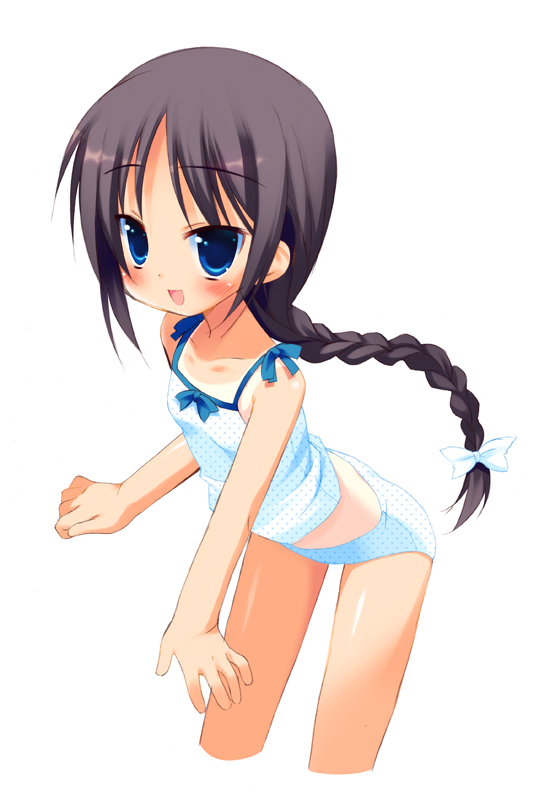 :d black_hair blue_eyes blue_panties bow braid camisole child cropped_legs leaning_forward long_ponytail meito_(maze) one-piece_tan open_mouth original panties polka_dot polka_dot_panties ponytail simple_background smile solo tan tanline underwear white_background