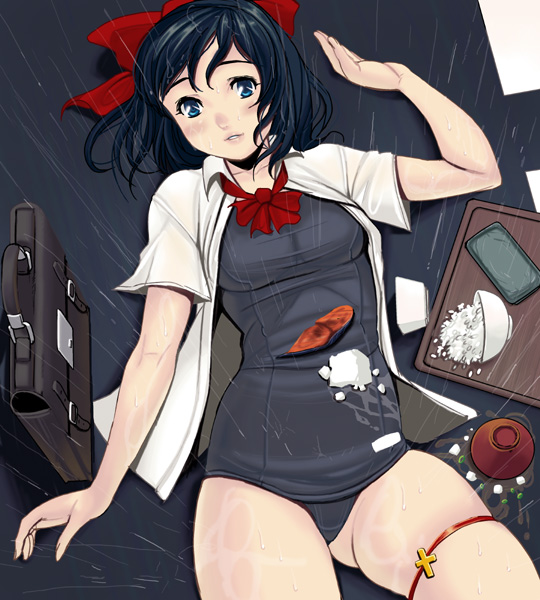 bag black_hair black_school_swimsuit blue_eyes copyright_request cowboy_shot cross food lying masao no_pants one-piece_swimsuit open_clothes open_shirt rain school_bag school_swimsuit school_uniform shirt solo swimsuit swimsuit_under_clothes tray