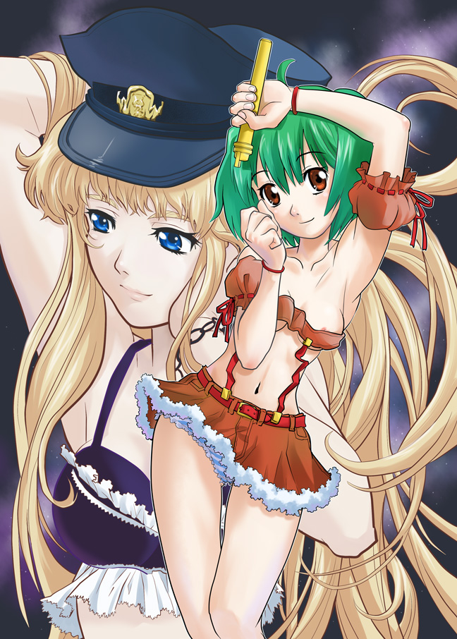 artist_request blonde_hair breasts green_hair hat long_hair macross macross_frontier medium_breasts microphone multiple_girls nipple_slip nipples panties ranka_lee sheryl_nome short_hair skirt small_breasts striped striped_panties underwear