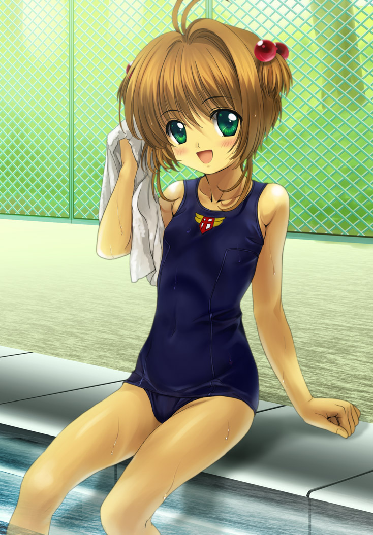 :d blush brown_hair cardcaptor_sakura chain-link_fence child fence flat_chest green_eyes hair_bobbles hair_ornament kinomoto_sakura looking_at_viewer mutsuki_(moonknives) one-piece_swimsuit open_mouth outdoors pool poolside school_swimsuit sitting smile soaking_feet solo swimsuit towel twintails wet