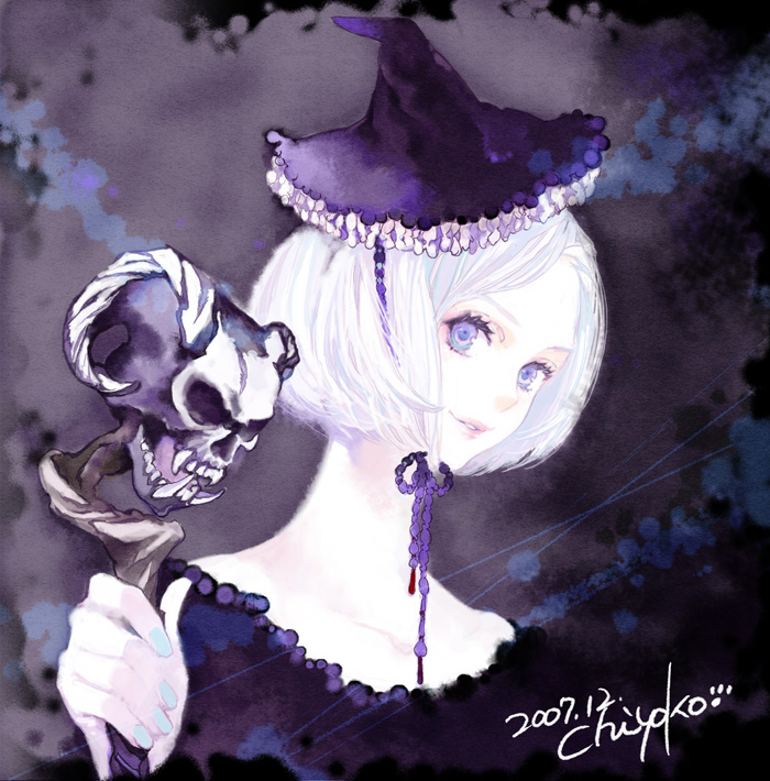 2007 artist_name bangs blue_eyes blue_nails chiyoko eyelashes frilled_hat frills hat holding holding_staff looking_at_viewer mini_hat mini_witch_hat nail_polish original pale_skin parted_bangs parted_lips pink_lips rope short_hair signature skull solo staff upper_body white_hair witch_hat