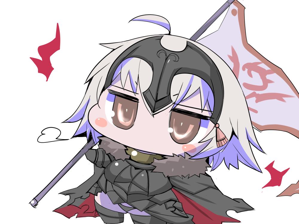 1girl ahoge armor black_armor black_cape blush_stickers boots cape chibi commentary_request fate/grand_order fate_(series) flag fur_trim gloves hair_between_eyes headpiece holding holding_flag jeanne_d'arc_(alter)_(fate) jeanne_d'arc_(fate)_(all) sako_(bosscoffee) solo standing white_background white_hair yellow_eyes