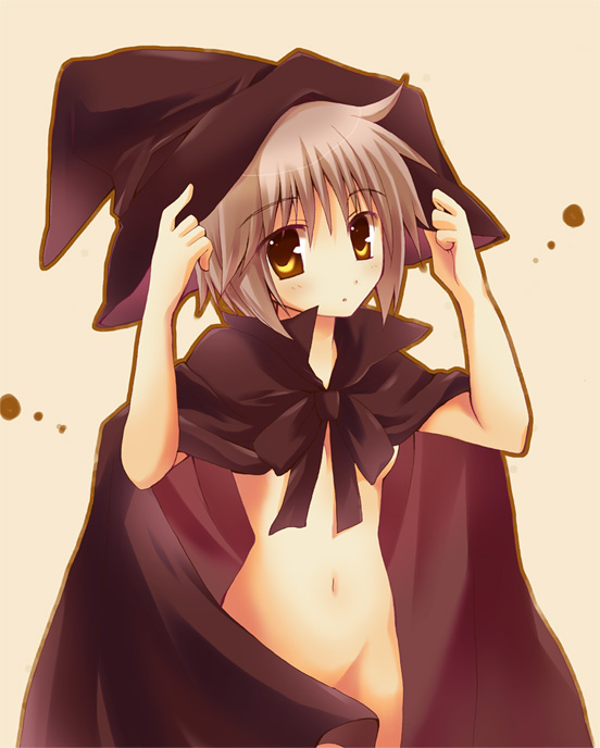 bangs bottomless cape hat nagato_yuki naked_cape navel pokopi short_hair solo suzumiya_haruhi_no_yuuutsu witch_hat