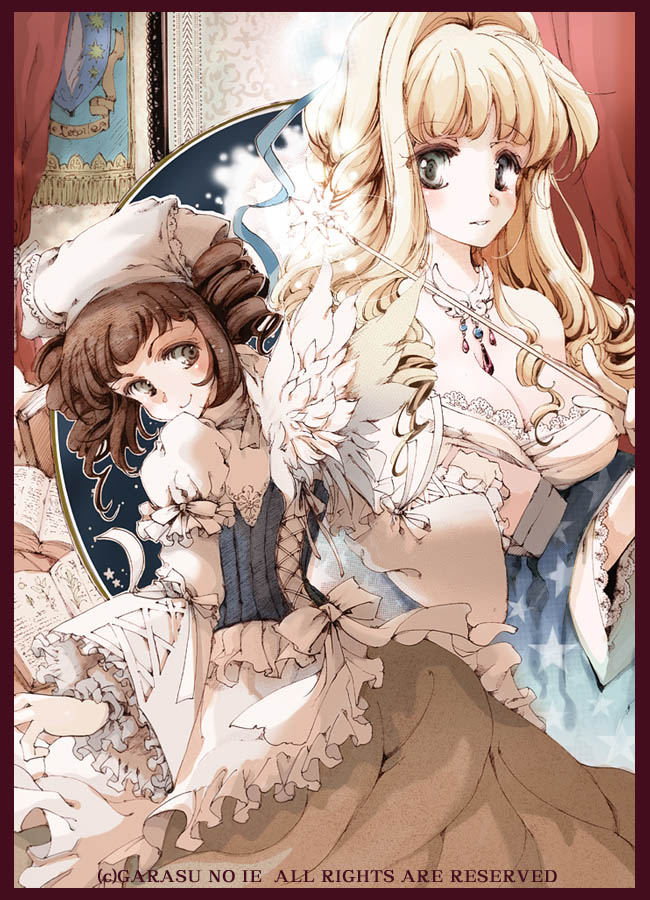angel_wings blonde_hair blush book bow breasts brown_hair cleavage corset dress drill_hair frills grey_eyes hair_ribbon hat jewelry large_breasts long_hair looking_back multiple_girls necklace original pendant ribbon senkyoushi_gondolf short_hair smile star twin_drills twintails wand wings