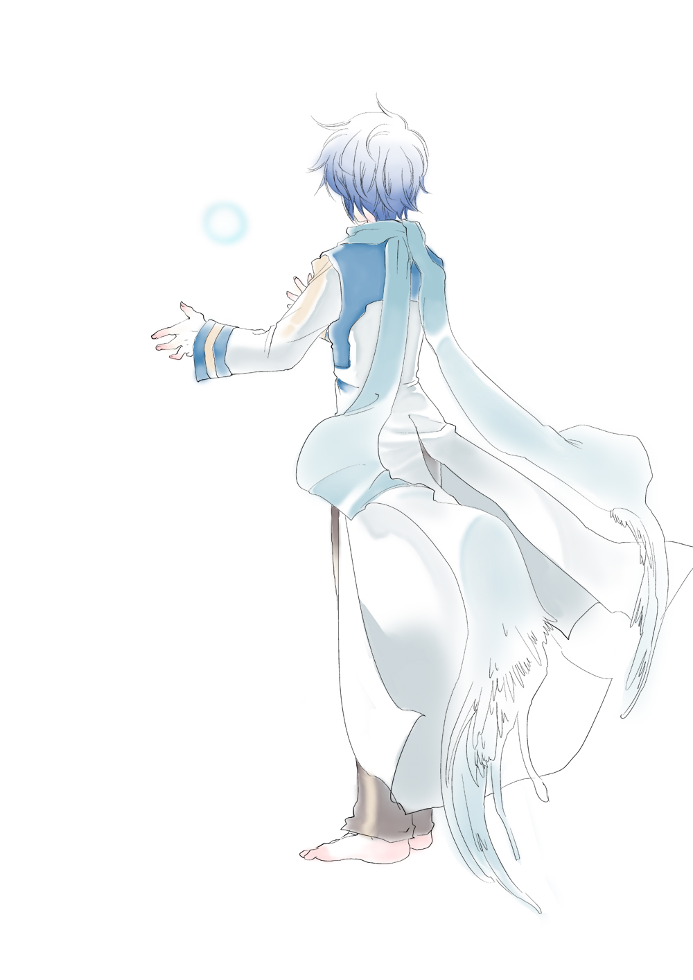 angel angel_wings barefoot blue_scarf highres kaito male_focus mouri scarf solo vocaloid wings
