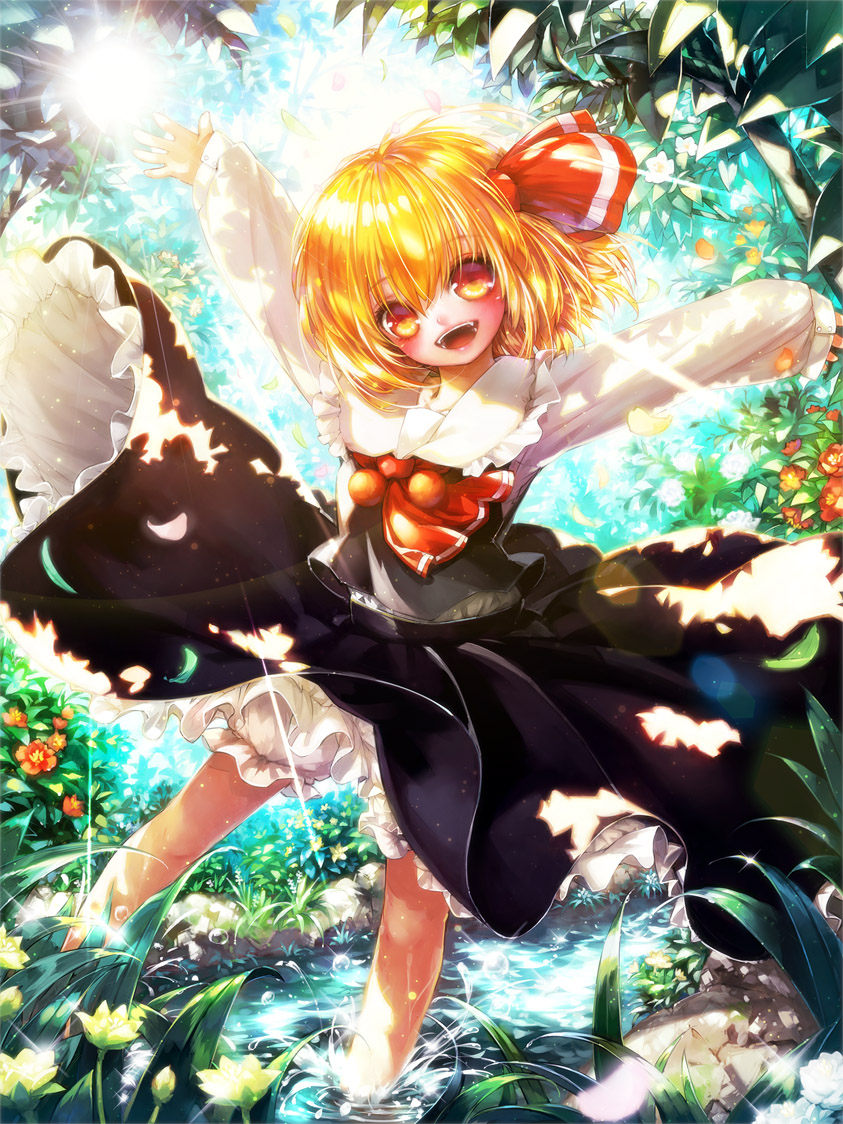 arms_up bangs black_skirt black_vest blonde_hair bloomers blurry bush cravat dappled_sunlight day depth_of_field diffraction_spikes eyebrows_visible_through_hair flower glint hair_between_eyes hair_ribbon head_tilt leaning_over long_sleeves looking_at_viewer misaki_(kyal_001) open_mouth orange_eyes outdoors outstretched_arms petals red_neckwear ribbon rumia shirt short_hair skirt skirt_lift sleeves_past_wrists solo spread_arms standing standing_on_one_leg stream sun sunlight touhou tree underwear upper_teeth vest wading white_shirt
