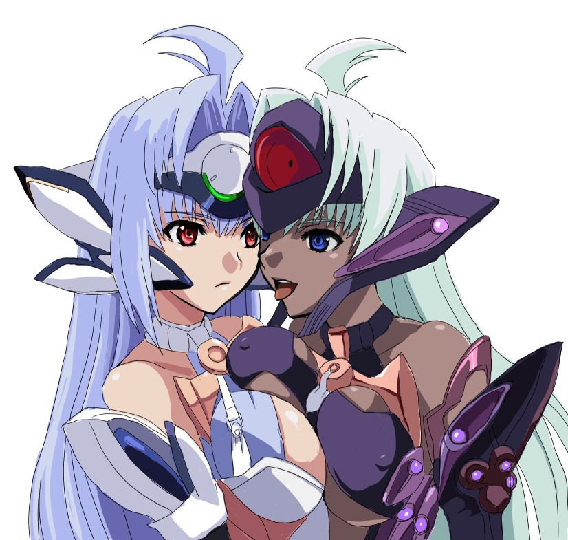 android bad_id bad_pixiv_id blue_eyes blue_hair breast_press breasts cyborg dark_skin elbow_gloves face-to-face gloves kos-mos kos-mos_ver._4 large_breasts long_hair multiple_girls nisina open_mouth red_eyes silver_hair symmetrical_docking t-elos tongue tongue_out white_hair xenosaga xenosaga_episode_iii yuri