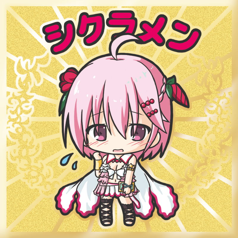 ahoge bangs bikkuriman_(style) blush book braid breasts cape character_name chibi cleavage cyclamen_(flower_knight_girl) eyebrows_visible_through_hair flower_knight_girl flying_sweatdrops hair_between_eyes hair_ornament hand_up holding holding_book long_hair open_mouth parody pink_hair pleated_skirt red_eyes rinechun skirt small_breasts solo standing white_cape white_skirt