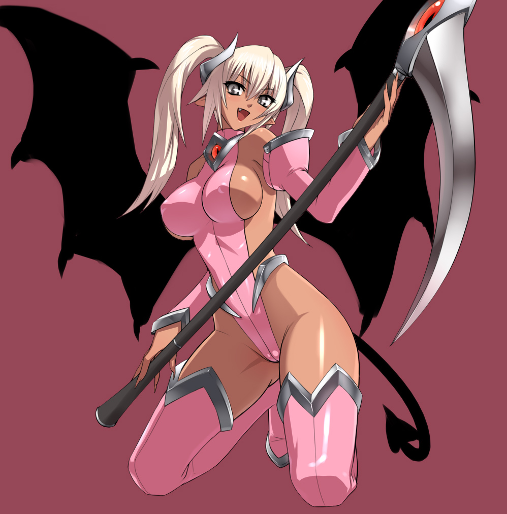 artist_request boots breasts copyright_request covered_nipples dark_skin demon_girl demon_tail demon_wings detached_sleeves fang horns kneeling large_breasts non-web_source open_mouth pink_footwear pink_legwear pointy_ears scythe sideboob silver_eyes simple_background solo tail thigh_boots thighhighs twintails white_hair wings