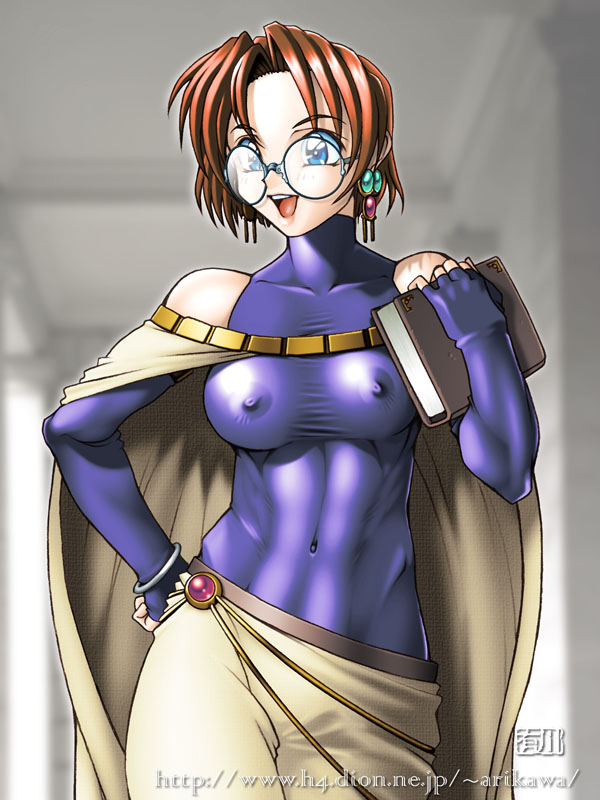 abs areolae arikawa bare_shoulders blue_eyes blush book bracelet breasts brown_hair cape covered_nipples earrings elbow_gloves fingerless_gloves glasses gloves hand_on_hip ila jewelry lipstick mahou_senshi_louie makeup medium_breasts navel no_bra shiny shiny_clothes shirt short_hair skin_tight skirt solo taut_clothes taut_shirt turtleneck