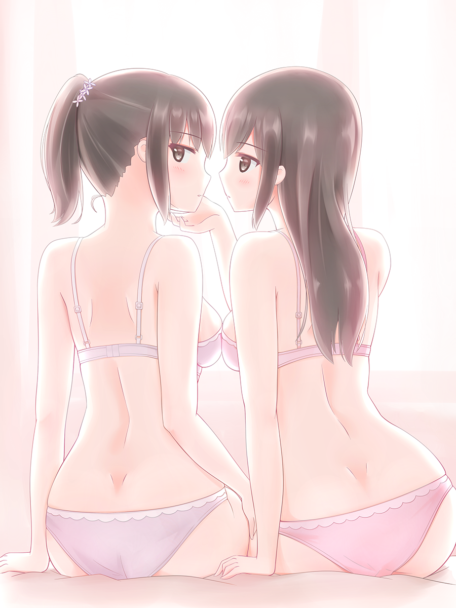 :o arm_support ass back backlighting bangs black_eyes black_hair blue_bra blue_panties bra breasts commentary_request eyebrows_visible_through_hair from_behind hair_tie hand_on_another's_face hand_on_hip highres indoors kamakama_(kdmorh_kamakama) light_blush long_hair looking_at_another looking_at_viewer looking_back multiple_girls on_bed original panties parted_lips partial_commentary pink_bra pink_panties short_hair short_ponytail shoulder_blades side-by-side sitting small_breasts underwear underwear_only windowsill yuri