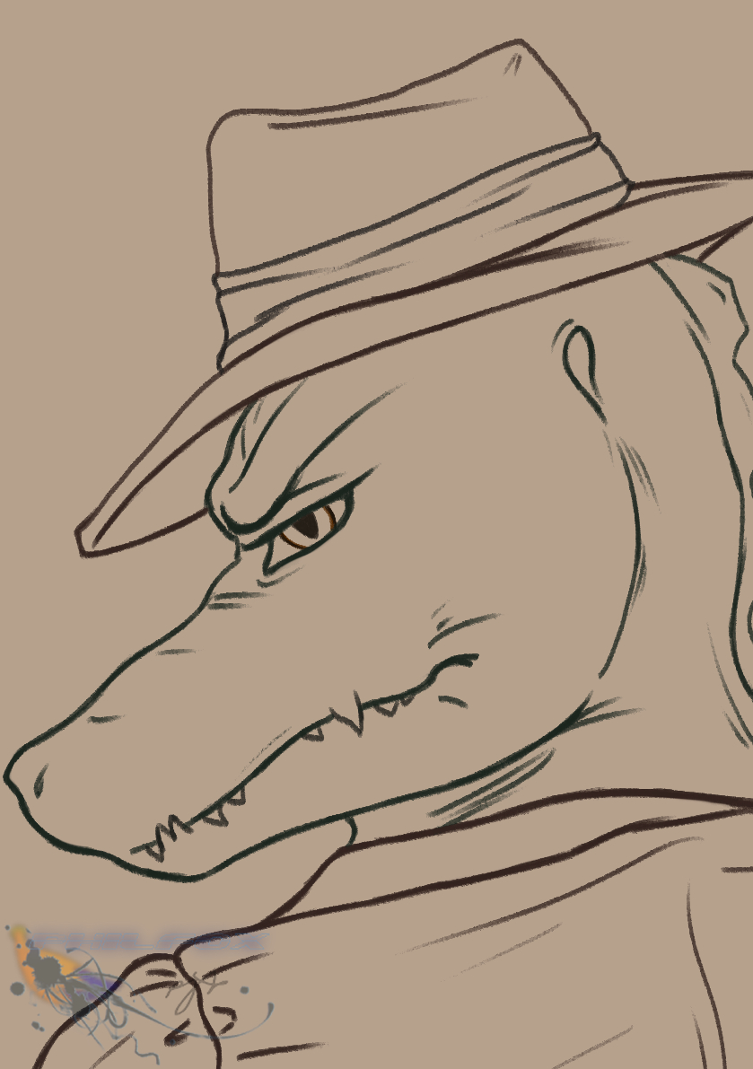 alligator angry anthro bust_portrait clothed clothing cregon crocodile crocodilian fedora glare hat headshot looking_at_viewer male philfox portrait reptile scalie scowling simple_background