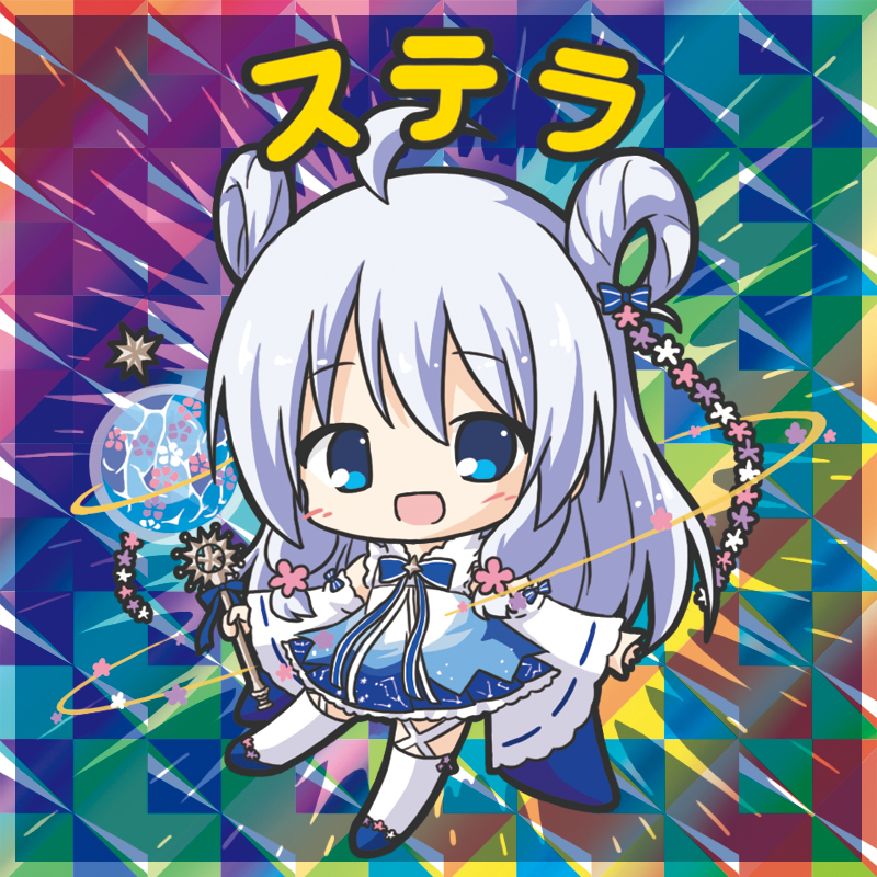 :d ahoge bangs bikkuriman_(style) blue_bow blue_dress blue_eyes blue_footwear blush bow character_name chibi detached_sleeves dress eyebrows_visible_through_hair flower_knight_girl full_body hair_between_eyes hair_bow hair_rings holding holding_wand long_hair long_sleeves open_mouth parody ribbon-trimmed_sleeves ribbon_trim rinechun shoes silver_hair smile solo striped striped_bow sutera_(flower_knight_girl) thighhighs very_long_hair wand white_legwear white_sleeves wide_sleeves