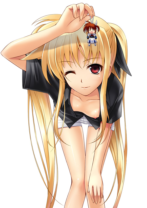 40010prototype bent_over blonde_hair breasts downblouse fate_testarossa long_hair lyrical_nanoha mahou_shoujo_lyrical_nanoha nipple_slip nipples no_bra one_eye_closed red_eyes small_breasts solo takamachi_nanoha thigh_gap twintails very_long_hair