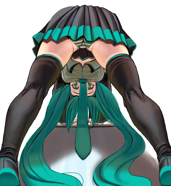 aqua_hair hatsune_miku kneepits legs long_hair masao panties striped striped_panties thighhighs twintails underwear upside-down very_long_hair vocaloid