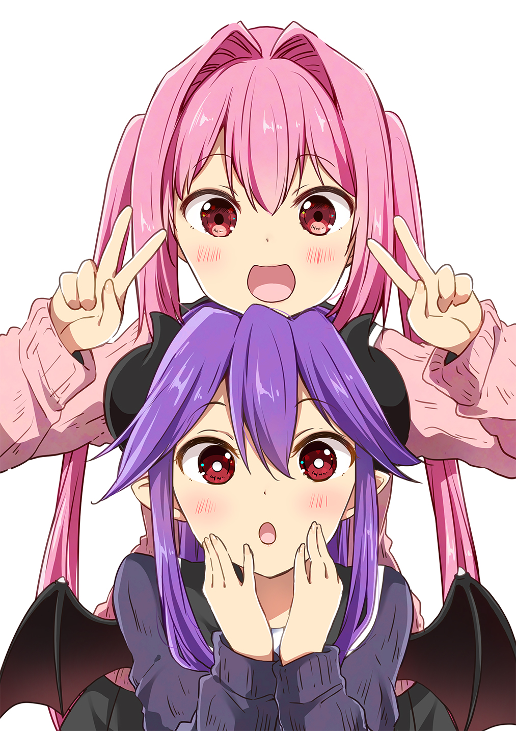 2girls :d :o chikanoko curled_horns demon_horns demon_wings double_v eyebrows_visible_through_hair hair_between_eyes hair_intakes highres horns long_hair looking_at_viewer multiple_girls naito_mare open_mouth original pink_hair purple_hair ragho_no_erika red_eyes simple_background smile tsugou_makina twintails v very_long_hair white_background wings