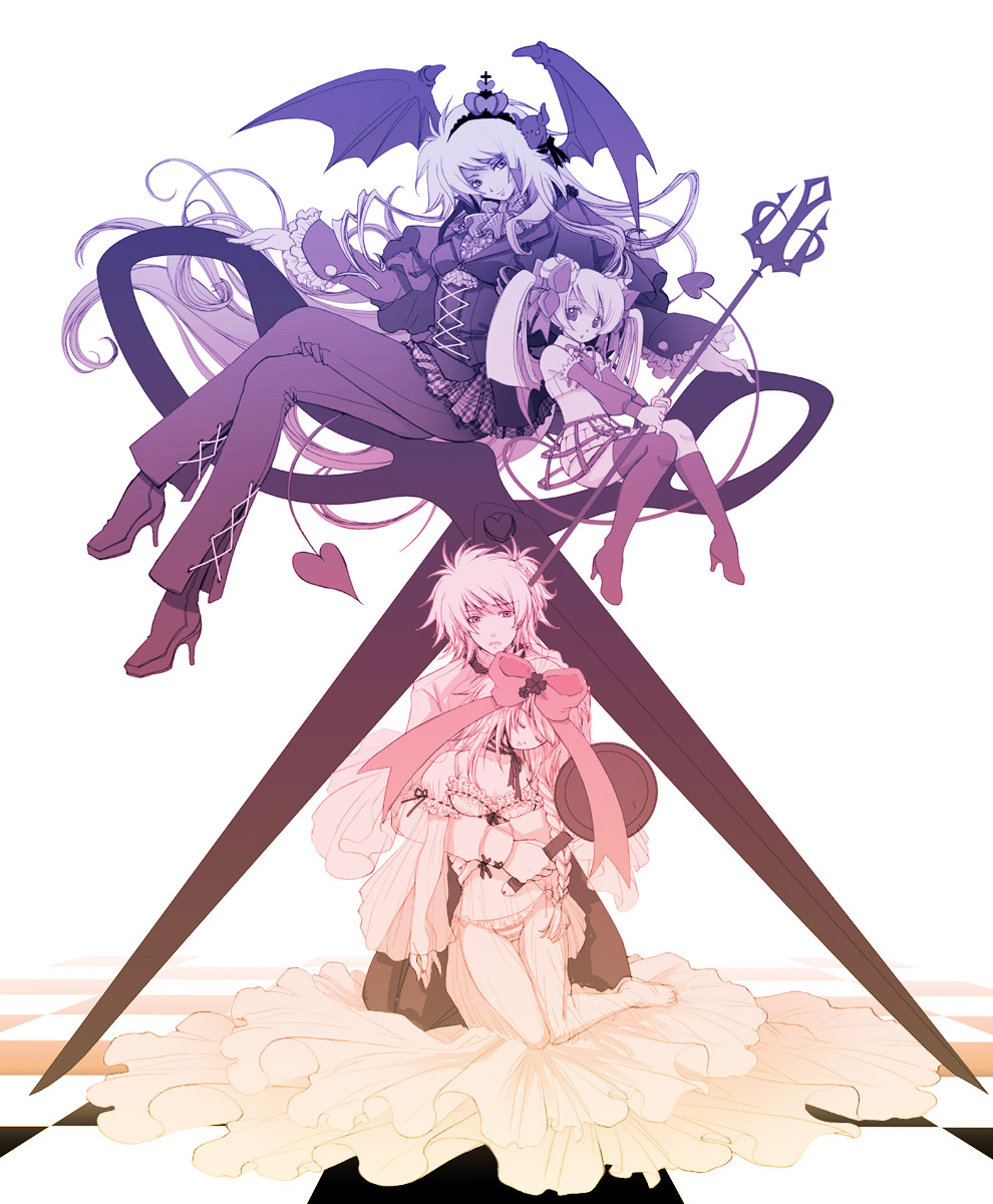 3girls bad_id bad_pixiv_id boots bow braid checkered corset cravat crown demon_girl demon_tail demon_wings dress frills hair_ribbon hat head_wings highres horns long_hair monochrome multiple_girls original panties polearm ribbon scissors see-through shima_chiyo tail thigh_boots thighhighs trident twintails underwear very_long_hair weapon wings