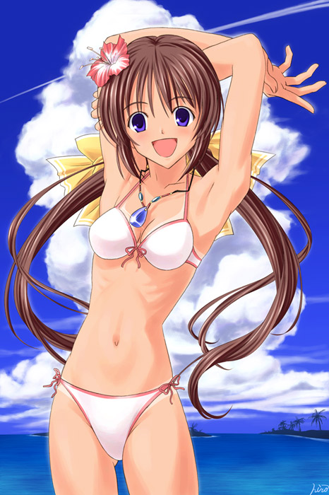 :d armpits arms_up artist_request bikini bikini_tan blue_eyes blush bow breasts brown_hair cleavage cloud copyright_request day flower front-tie_top hair_bow hair_flower hair_ornament hibiscus jewelry long_hair looking_at_viewer medium_breasts navel necklace ocean open_mouth outdoors palm_tree pendant ribs side-tie_bikini signature sky smile solo standing swimsuit tan tanline tree twintails very_long_hair water white_bikini
