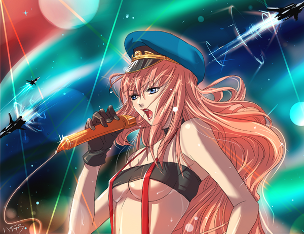 hat long_hair macross macross_frontier makisige microphone neon_lights peaked_cap pink_hair sheryl_nome solo suspenders