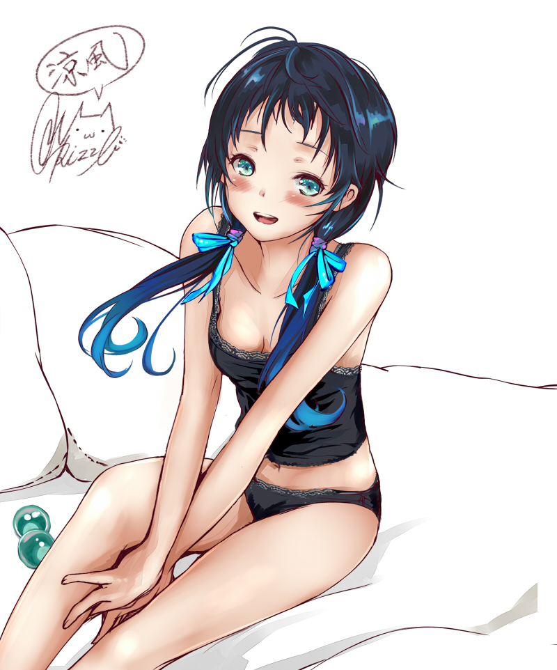 1girl black_panties blue_eyes blue_hair blush breasts commentary_request eyebrows_visible_through_hair gradient_hair kantai_collection long_hair looking_at_viewer low_twintails multicolored_hair on_bed open_mouth panties rizzl simple_background sitting sitting_on_bed sleepwear small_breasts suzukaze_(kantai_collection) twintails underwear white_background