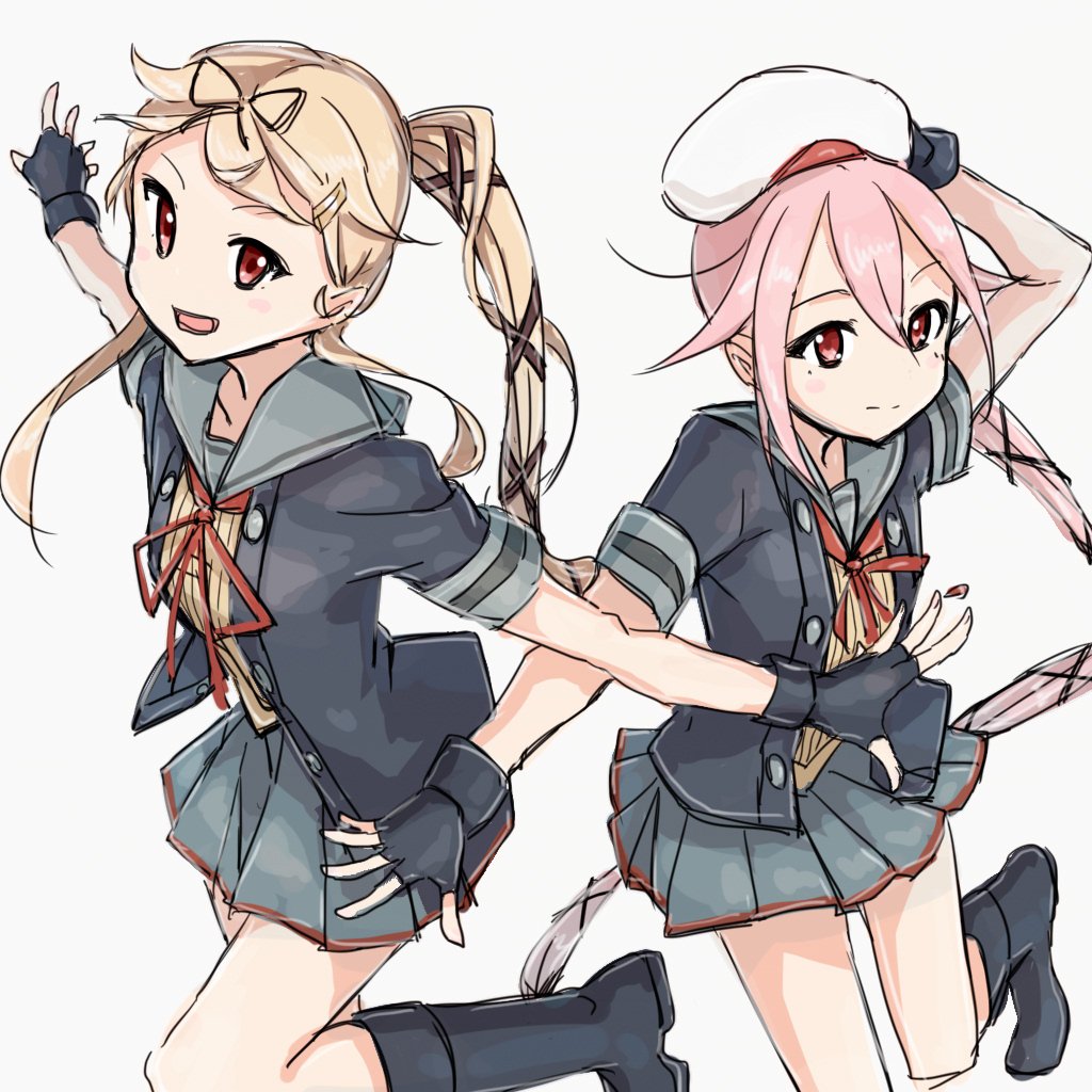 2girls beret black_footwear black_gloves black_jacket blonde_hair commentary_request cosplay cowboy_shot gloves grey_sailor_collar grey_skirt hair_flaps hair_ribbon hand_on_headwear harusame_(kantai_collection) hat holding holding_hat jacket kantai_collection long_hair mikiki multiple_girls neck_ribbon outstretched_arms partly_fingerless_gloves pink_hair ponytail red_ribbon remodel_(kantai_collection) ribbon sailor_collar school_uniform serafuku simple_background skirt standing standing_on_one_leg very_long_hair white_background white_hat yura_(kantai_collection) yura_(kantai_collection)_(cosplay) yuudachi_(kantai_collection)