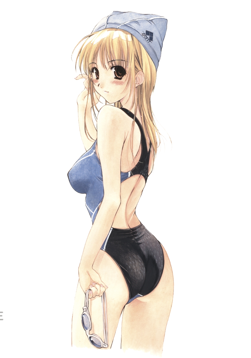 adjusting_hair ass blonde_hair blush brown_eyes competition_swimsuit copyright_request goggles looking_back nishiki_yoshimune non-web_source one-piece_swimsuit simple_background smile solo swim_cap swimsuit