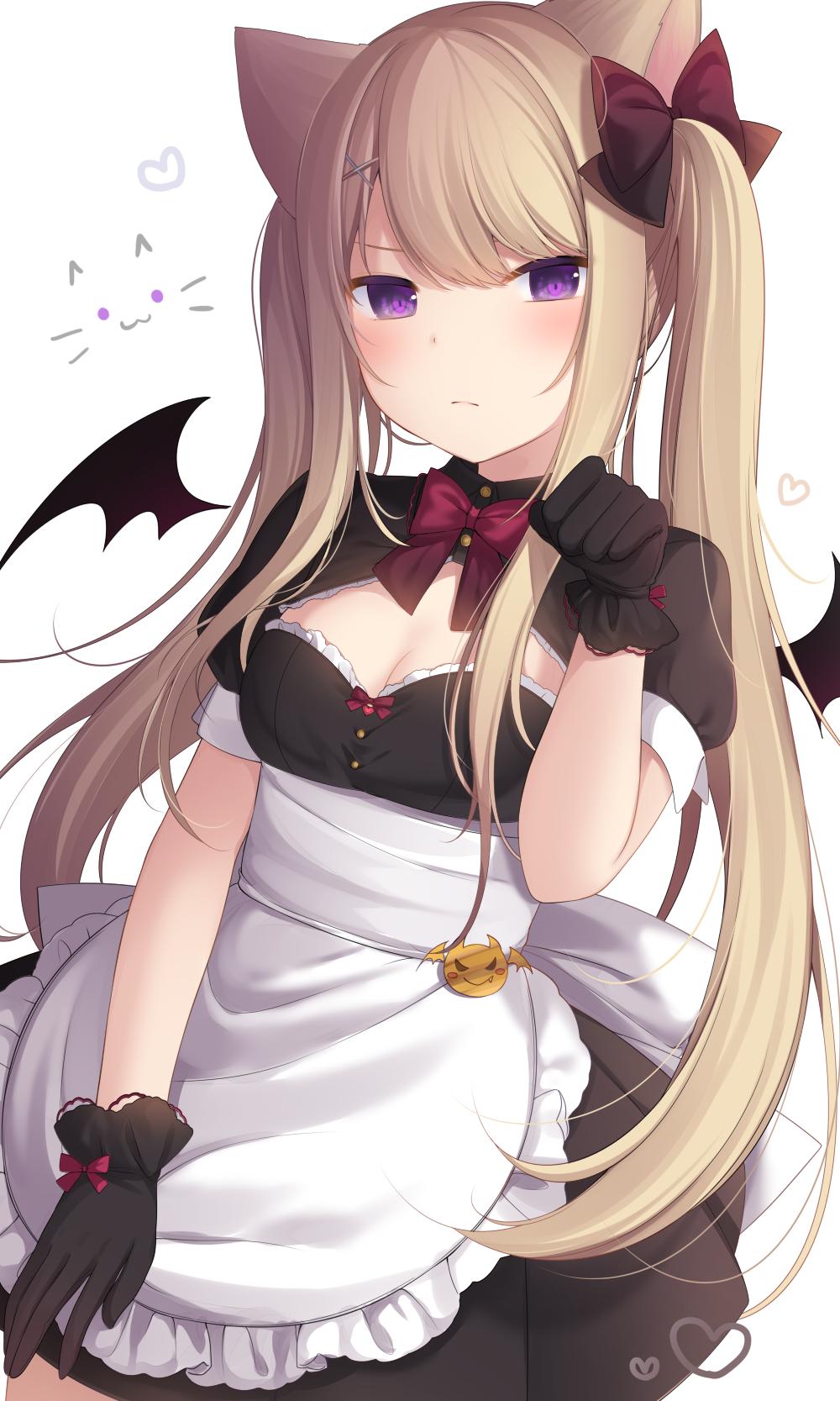 1girl amashiro_natsuki animal_ears apron bangs black_dress black_gloves black_wings blonde_hair blush bow breasts cat_ears cleavage closed_mouth commentary_request detached_wings dress eyebrows_visible_through_hair frilled_apron frills gloves hair_between_eyes hair_bow hair_ornament hand_up highres long_hair mini_wings original paw_pose pleated_dress puffy_short_sleeves puffy_sleeves purple_eyes red_bow short_sleeves small_breasts solo twintails very_long_hair waist_apron white_apron white_background wings x_hair_ornament