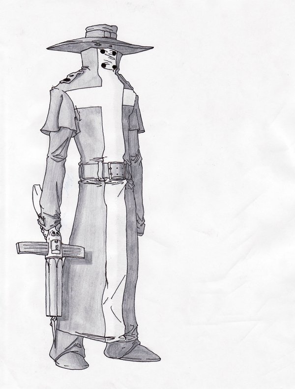artist_request bow_(weapon) copyright_request crossbow greyscale gun hat male_focus monochrome solo traditional_media trench_coat weapon