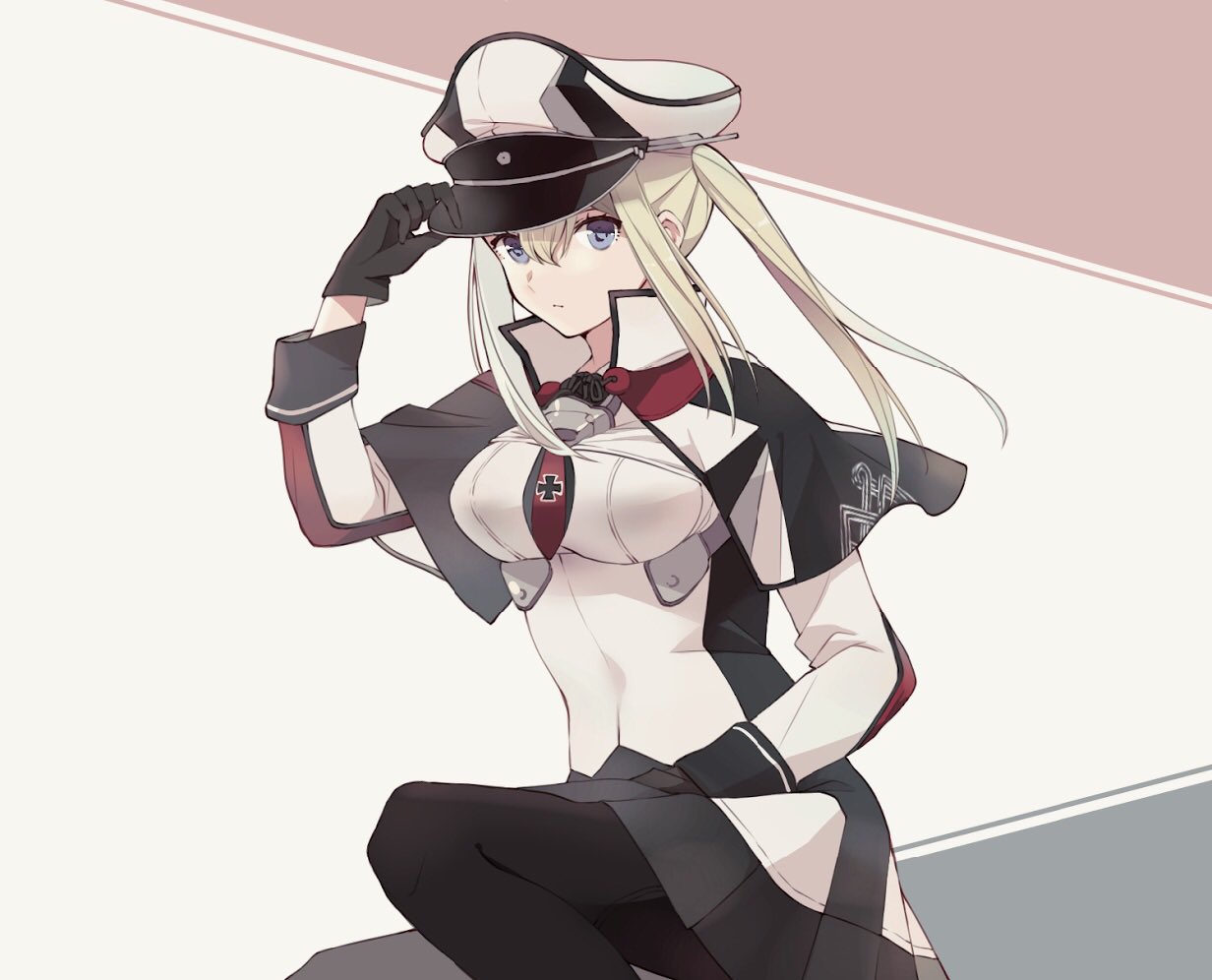 1girl black_gloves black_legwear black_skirt blonde_hair capelet commentary_request feet_out_of_frame gloves graf_zeppelin_(kantai_collection) grey_eyes hair_between_eyes hat iron_cross jacket kantai_collection looking_at_viewer military_hat miniskirt multicolored multicolored_background necktie pantyhose peaked_cap pleated_skirt shakemi_(sake_mgmgmg) sidelocks skirt solo squatting tsurime twintails