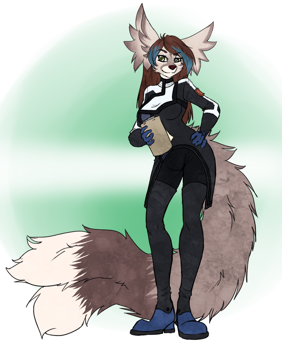 alruic anthro breasts canid canine clothed clothing female fennec footwear fox fur hair looking_at_viewer mammal shoes simple_background smile solo standing