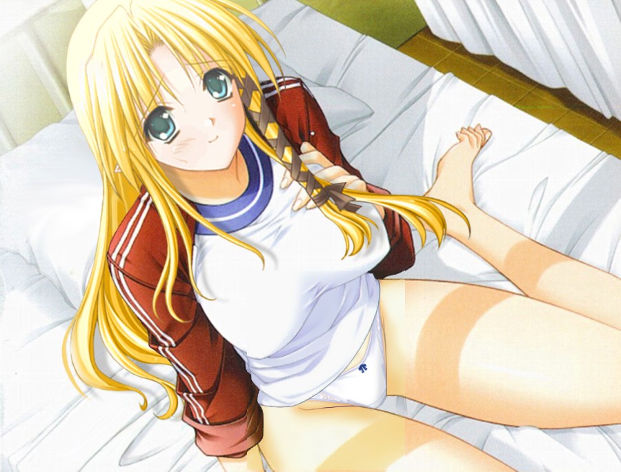 aqua_eyes bangs barefoot bed blonde_hair blue_bow blush bow bow_panties breasts closed_mouth double_vertical_stripe embarrassed feet from_above game_cg groin gym_shirt hair_ribbon hand_on_own_chest headshop indoors jacket kareha lace lace-trimmed_panties large_breasts light_smile long_hair long_sleeves looking_at_viewer no_pants on_bed open_clothes open_jacket panties parted_bangs pointy_ears raised_eyebrows red_jacket ribbon shirt short_pointy_ears shuffle! shuffle!_essence+ sidelocks sitting sleeves_folded_up smile solo straight_hair suzuhira_hiro taut_clothes thighs third-party_edit tile_floor tiles track_jacket tress_ribbon underwear wariza white_panties white_shirt