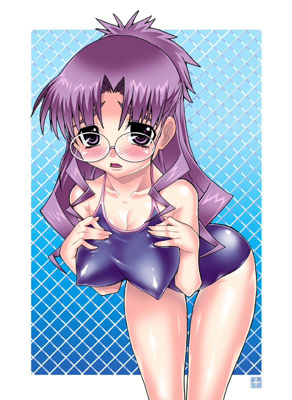 bent_over blush breasts covered_nipples glasses huge_breasts long_hair macross macross_frontier matsuura_nanase mudou_eichi one-piece_swimsuit purple_eyes purple_hair purple_school_swimsuit school_swimsuit solo swimsuit