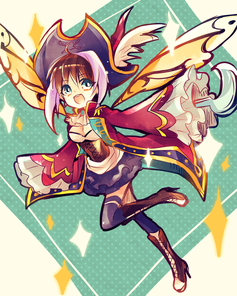 1girl ahoge aqua_eyes boots breasts brown_hair cleavage coat commentary corset cravat echo_(mff) eyebrows_visible_through_hair hat hat_feather high_heel_boots high_heels hook_hand leg_up medium_breasts mobius_final_fantasy multicolored_hair open_clothes open_coat open_mouth pink_hair pirate_costume pirate_hat pixie short_hair_with_long_locks sidelocks skirt sparkle thighhighs two-tone_hair underbust w00p wings zettai_ryouiki