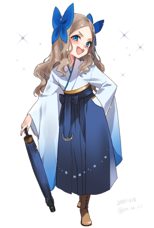 1girl asakaze_(kantai_collection) bangs blue_bow blue_eyes blue_hakama boots bow brown_footwear brown_hair cross-laced_footwear forehead full_body hair_bow hakama japanese_clothes kantai_collection koruri lace-up_boots light_brown_hair long_hair looking_at_viewer meiji_schoolgirl_uniform open_mouth oriental_umbrella parted_bangs planted_umbrella round_teeth sidelocks smile solo sparkle_background standing teeth umbrella upper_teeth wavy_hair white_background