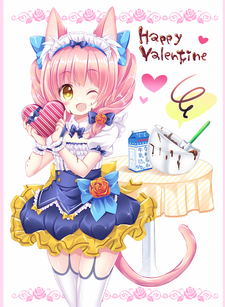 1girl ;d animal_ear_fluff animal_ears bangs blue_bow blue_skirt blush bow box brown_eyes cat_ears cat_girl cat_tail chocolate chocolate_on_body collar commentary_request detached_collar eyebrows_visible_through_hair fang flower food frilled_collar frilled_skirt frills garter_straps gift gift_box hair_bow happy_valentine heart heart-shaped_box highres holding holding_gift long_hair mixing_bowl one_eye_closed open_mouth original pink_hair puffy_short_sleeves puffy_sleeves red_flower red_rose rose shikito shirt short_sleeves skirt smile solo spatula squiggle tail thighhighs valentine white_collar white_legwear white_shirt wrist_cuffs