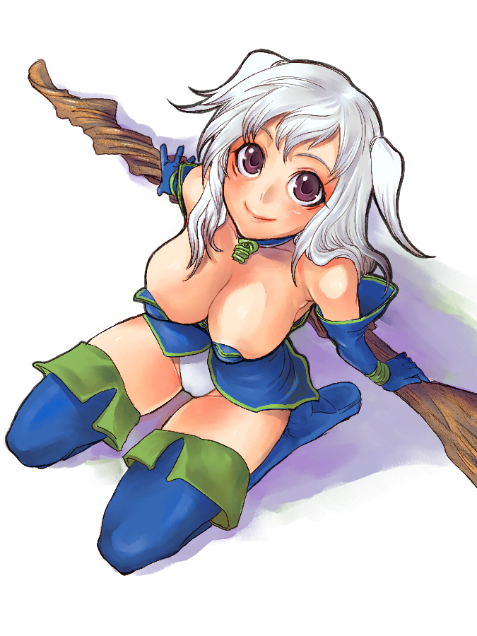 boots breasts elbow_gloves fantasy fantasy_earth_zero gloves kazuki_kisuke large_breasts panties purple_eyes solo staff thigh_boots thighhighs underwear white_hair