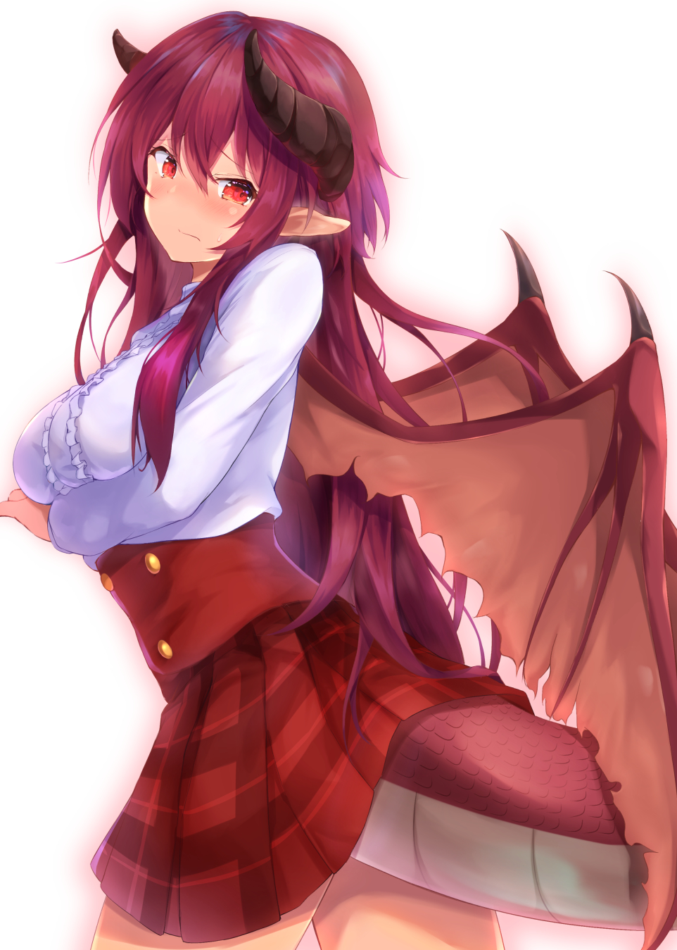 1girl blush breasts buttons closed_mouth commentary_request cowboy_shot dragon_girl dragon_horns dragon_tail dragon_wings embarrassed frilled_shirt frills grea_(shingeki_no_bahamut) hair_between_eyes head_tilt highres horns kurai_masaru long_hair long_sleeves looking_at_viewer looking_back manaria_friends medium_breasts miniskirt nose_blush plaid plaid_skirt pleated_skirt pointy_ears purple_hair red_eyes red_skirt scales shingeki_no_bahamut shirt sidelocks simple_background skirt solo standing sweat tail underbust white_background white_shirt wings