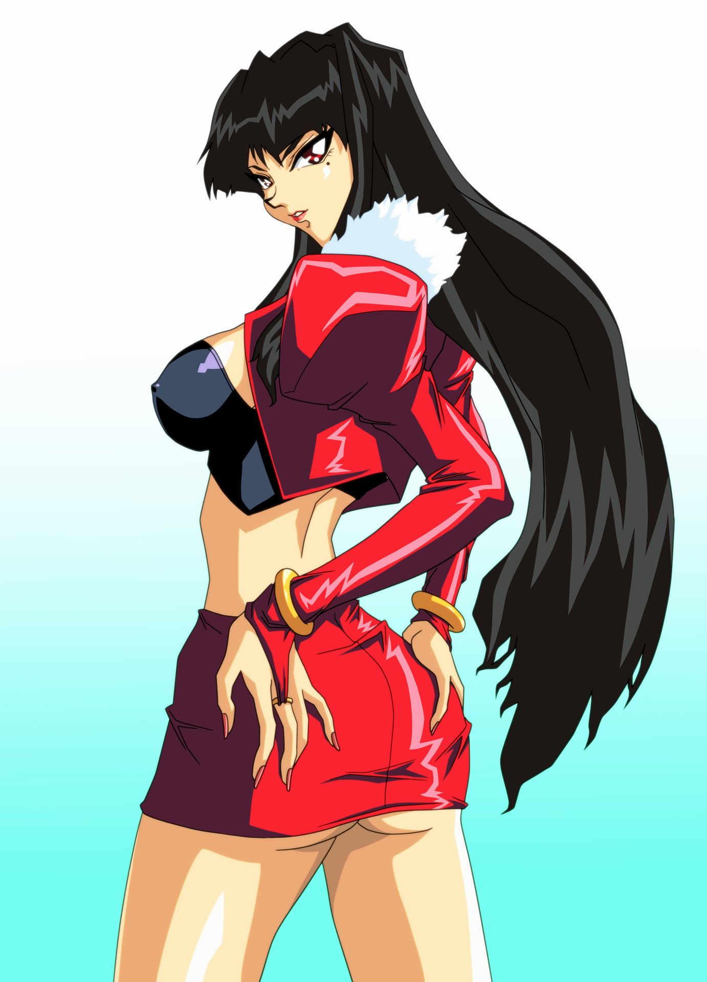 90s ass black_hair choujin_gakuen_gowcaizer highres kyubira looking_back mitake sexy skirtt