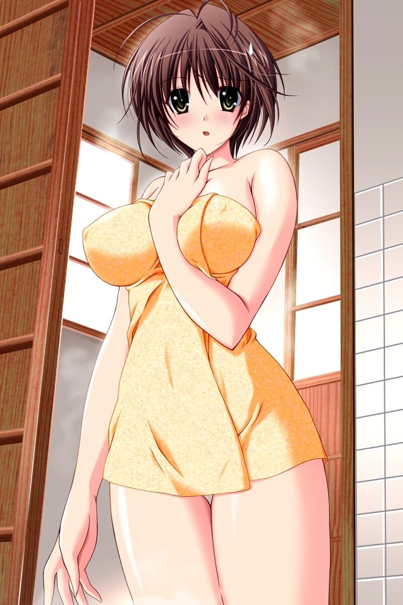 bath blush breasts brown_hair choco_chip game_cg highres impossible_towel kateikyoushi_no_onee-san large_breasts naked_towel shiono_nagisa short_hair solo sweatdrop thighs towel yellow_eyes