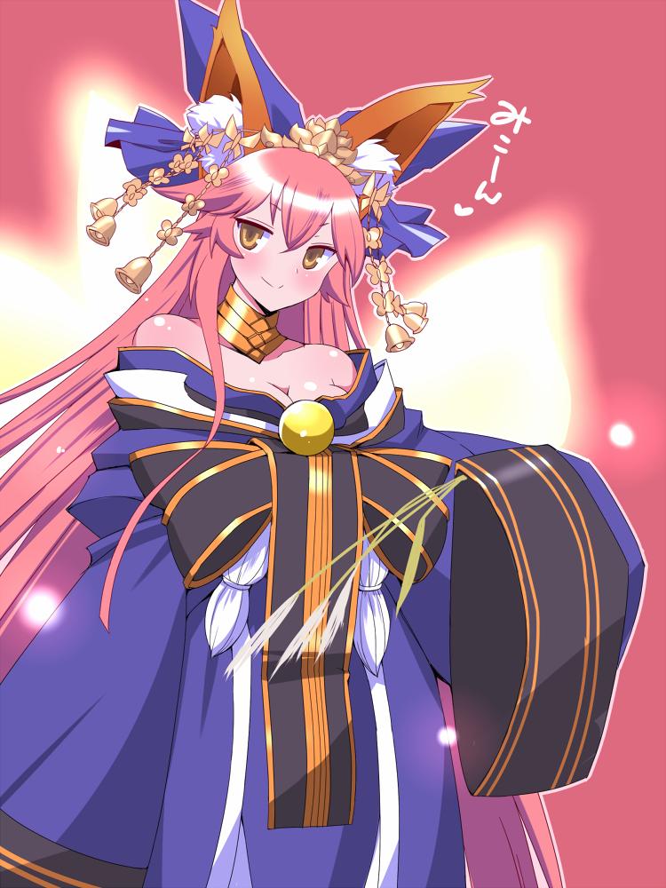 1girl animal_ears bell bow breasts choker cleavage commentary_request fate/extra fate/extra_ccc fate_(series) fox_ears glowing_tail hair_bell hair_between_eyes hair_bow hair_ornament japanese_clothes kimono long_hair long_sleeves looking_at_viewer medium_breasts multiple_tails obi off-shoulder_kimono off_shoulder pink_background pink_hair rice_stalk sako_(bosscoffee) sash smile solo tail tamamo_(fate)_(all) tamamo_no_mae_(fate) wide_sleeves yellow_eyes