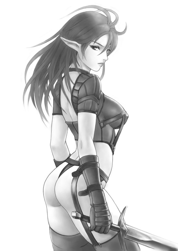 ass back dark_elf_(lineage_2) greyscale kanzeon lineage lineage_2 long_hair monochrome panties pointy_ears solo sword thighhighs underwear weapon