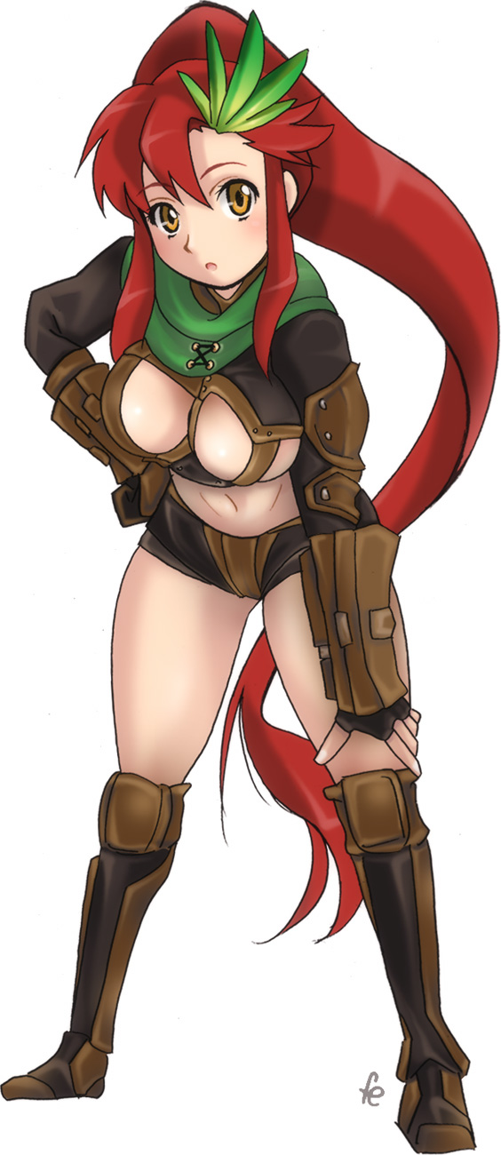 bent_over boots breasts brown_eyes cleavage cosplay fe final_fantasy final_fantasy_xi highres large_breasts leaning_forward long_hair midriff ponytail ranger red_hair solo tengen_toppa_gurren_lagann yoko_littner