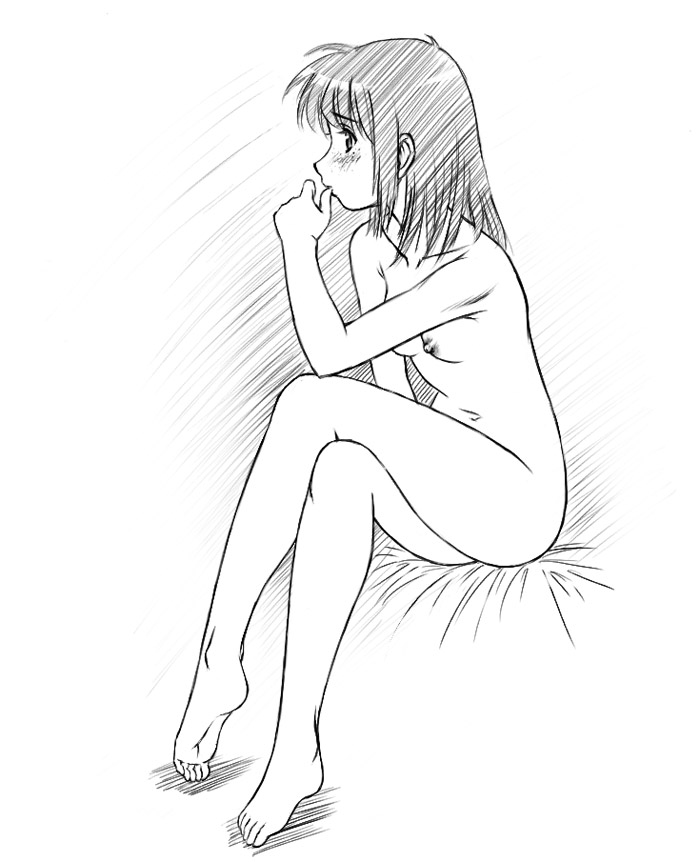 barefoot blush breasts copyright_request crossed_legs feet freckles full_body greyscale himadarou monochrome nipples nude sitting small_breasts solo