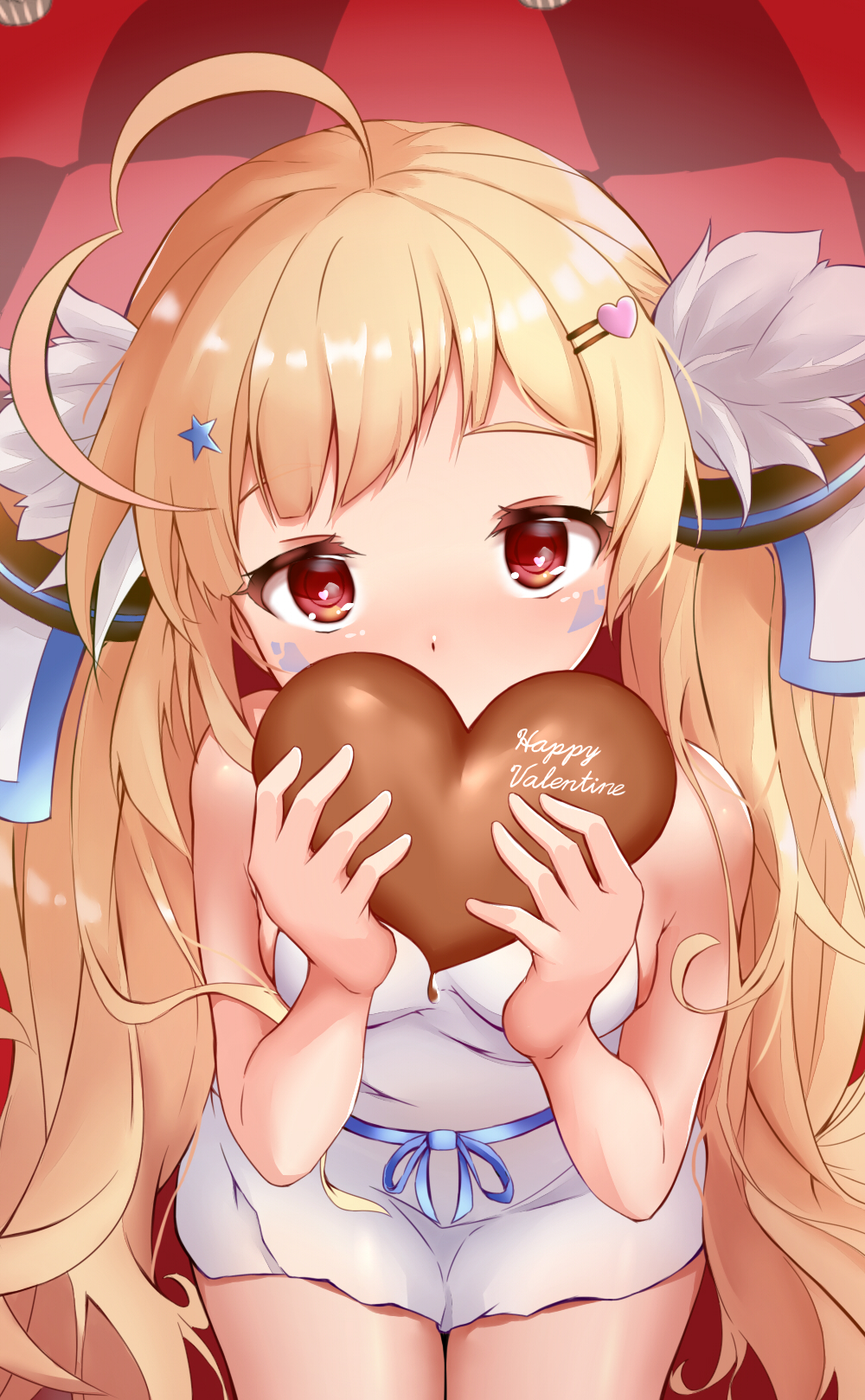 1girl ahoge apron azur_lane bare_arms bare_shoulders blonde_hair blue_ribbon blush breasts checkered chocolate chocolate_heart commentary_request covered_mouth eldridge_(azur_lane) facial_mark food hair_ornament hairclip hands_up happy_valentine heart heart-shaped_pupils heart_hair_ornament highres holding holding_food long_hair naked_apron pnt_(ddnu4555) red_eyes ribbon small_breasts solo star star_hair_ornament symbol-shaped_pupils twintails very_long_hair white_apron