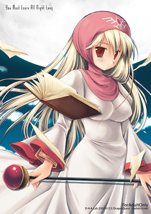 beret blonde_hair blush book breasts cowboy_shot dragon_quest dragon_quest_ii dress floating floating_object gem hat hood large_breasts long_hair long_sleeves looking_at_viewer miyasu_risa princess_of_moonbrook red_eyes solo sphere standing wand white_dress