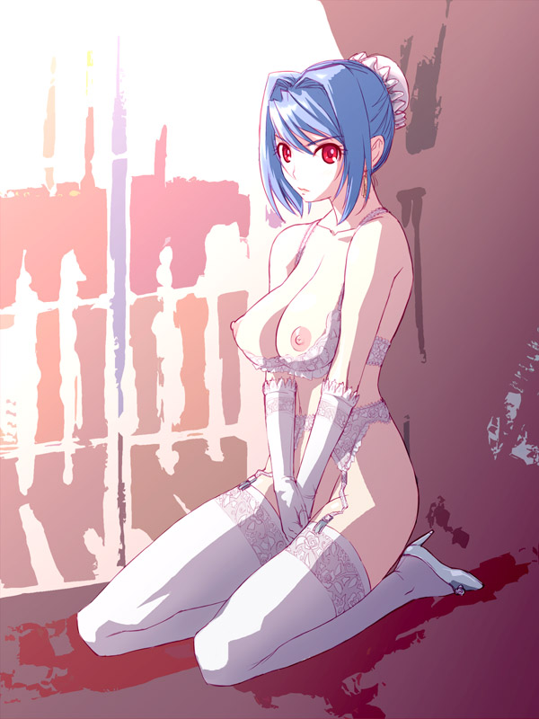 blue_hair bra breasts copyright_request covering covering_crotch elbow_gloves garter_belt gloves hair_bun high_heels large_breasts lingerie michael nipples no_panties red_eyes shelf_bra shoes solo thighhighs underwear white_bra white_gloves white_legwear