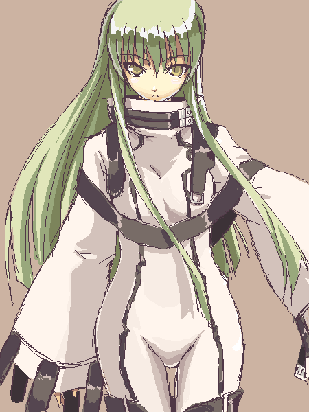 bangs bodysuit c.c. code_geass eight eyebrows eyebrows_visible_through_hair green_hair long_hair long_sleeves looking_at_viewer looking_back md5_mismatch outstretched_arms robe sidelocks solo standing thigh_gap tsurime turtle white_bodysuit wide_sleeves yellow_eyes