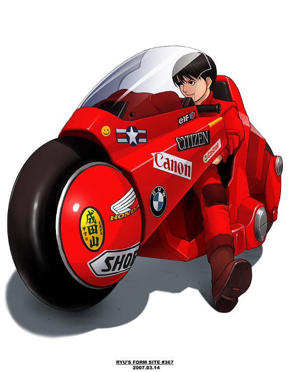 akira bmw boots brown_hair canon_(company) castrol citizen full_body grin ground_vehicle honda kaneda_shoutarou male_focus motor_vehicle motorcycle ryu_(ryu's_former_site) simple_background smile smiley_face solo sticker